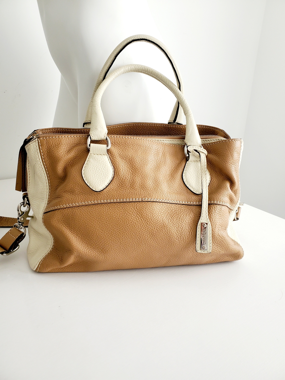Abro Two-Tone Genuine Leather Satchel Handbag - Tan & Cream